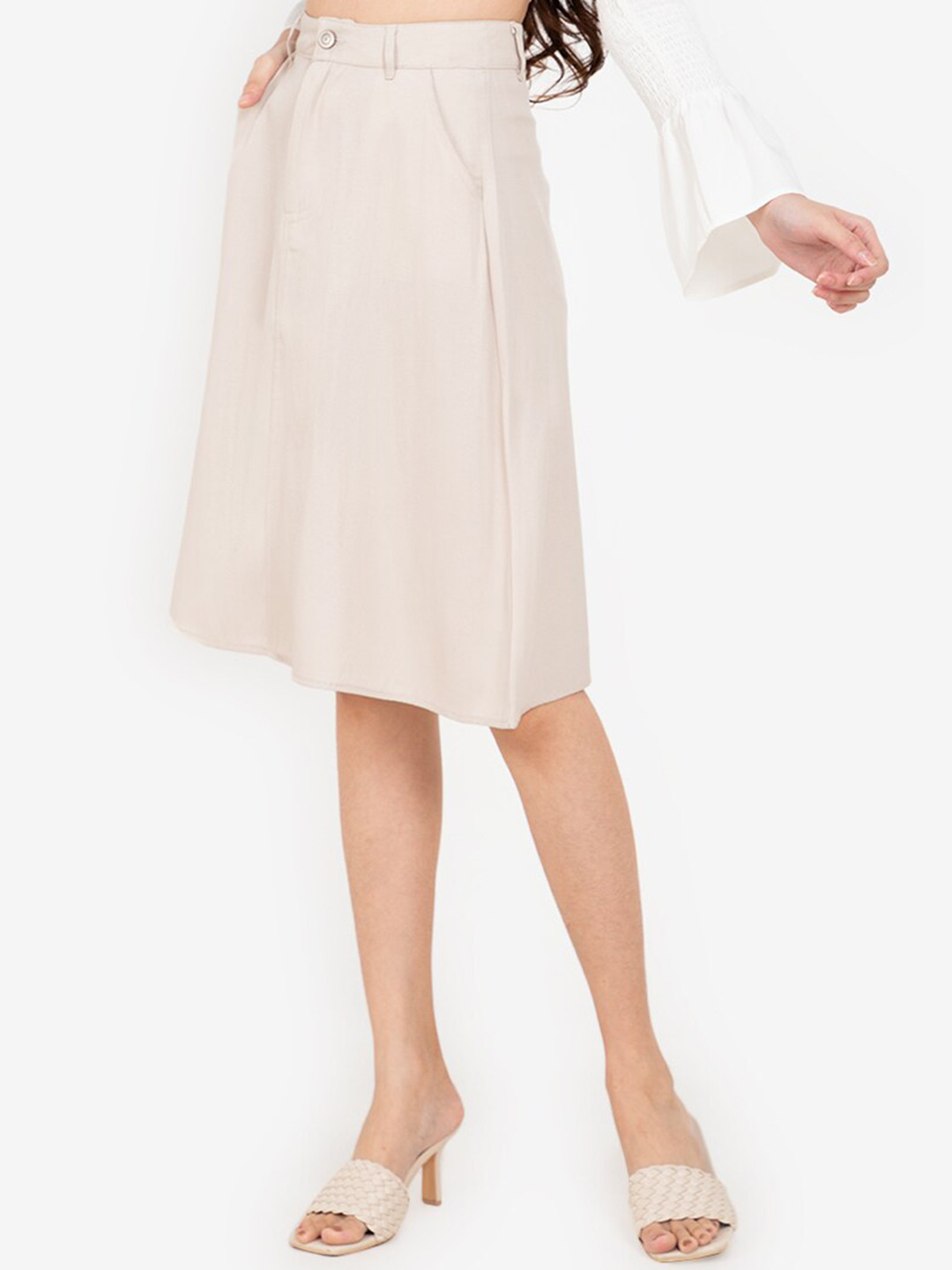 

ZALORA BASICS Women Beige Solid Knee Length Denim Skirt