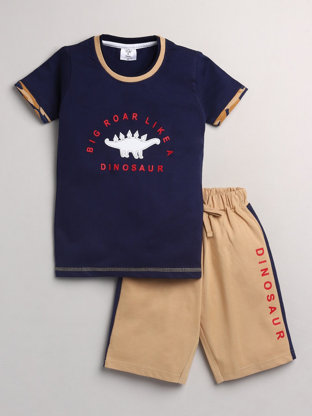 

Todd N Teen Boys Navy Blue & Beige Printed Cotton T-shirt with Shorts