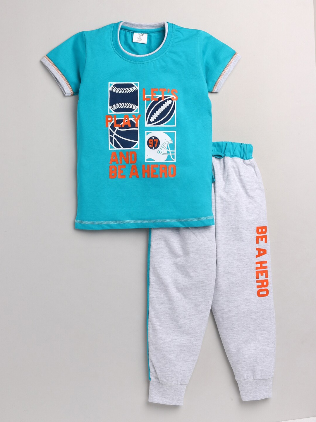 

Todd N Teen Boys Turquoise Blue & Orange Printed Pure Cotton T-shirt with Trousers