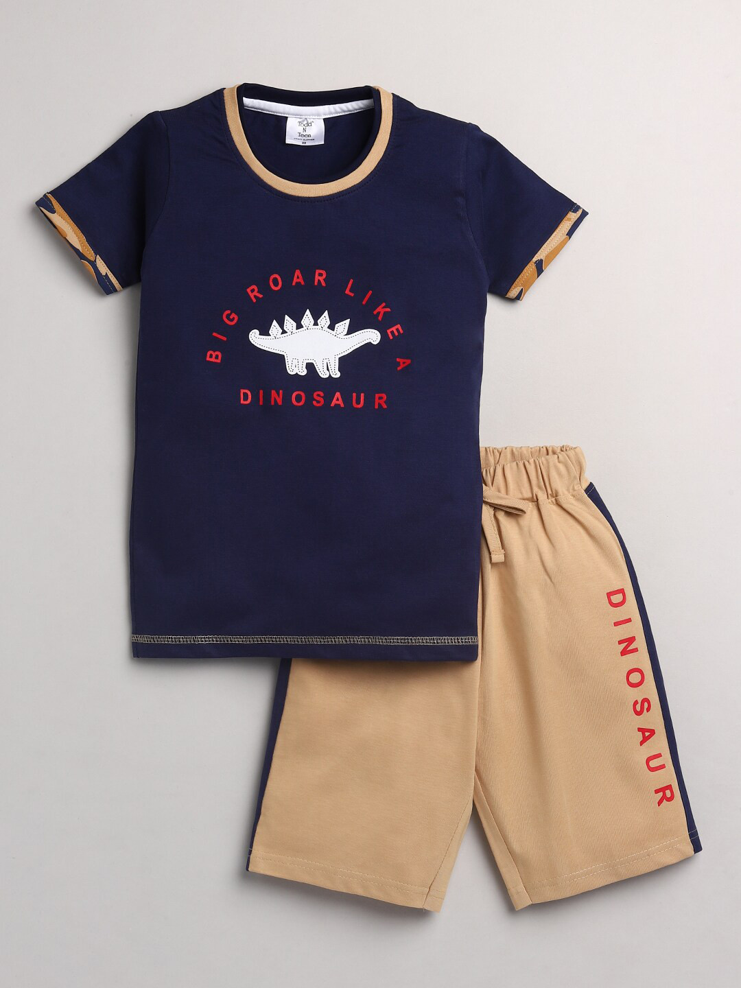 

Todd N Teen Boys Navy Blue & Beige Printed Pure Cotton T-shirt with Shorts