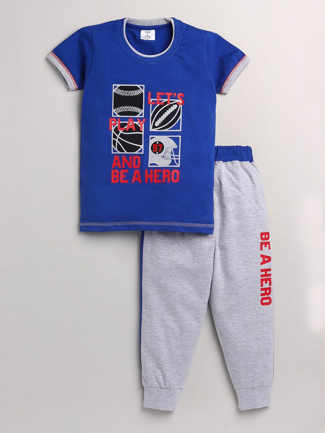 

Todd N Teen Boys Blue & Red Printed Pure Cotton T-shirt with Trousers