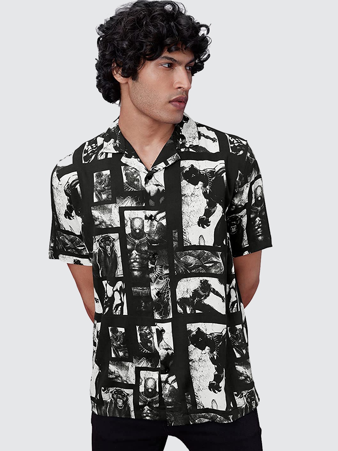 The Souled Store Men Black & White Comfort Black Panther Printed Casual Shirt