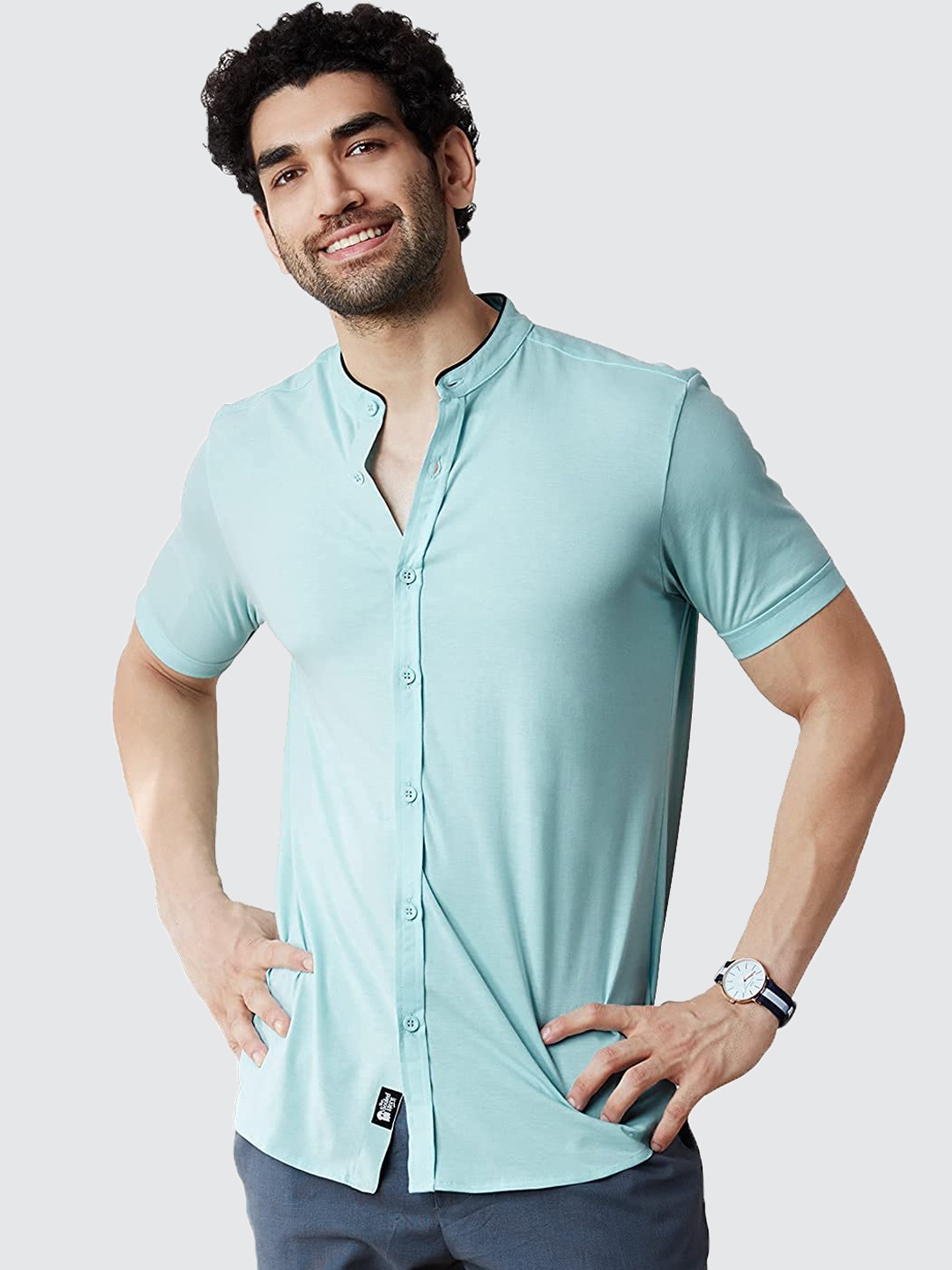 The Souled Store Men Turquoise Blue Solid Comfort Casual Cotton Shirt