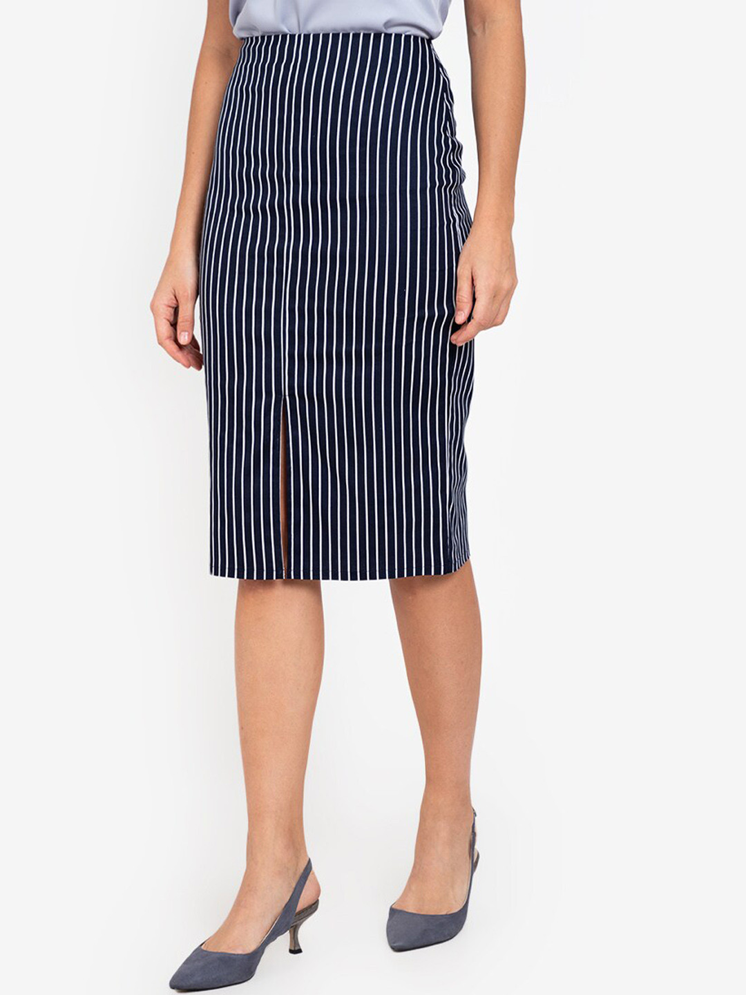 

ZALORA WORK Women Navy Blue & White Striped Front Split Straight Knee Length Skirt