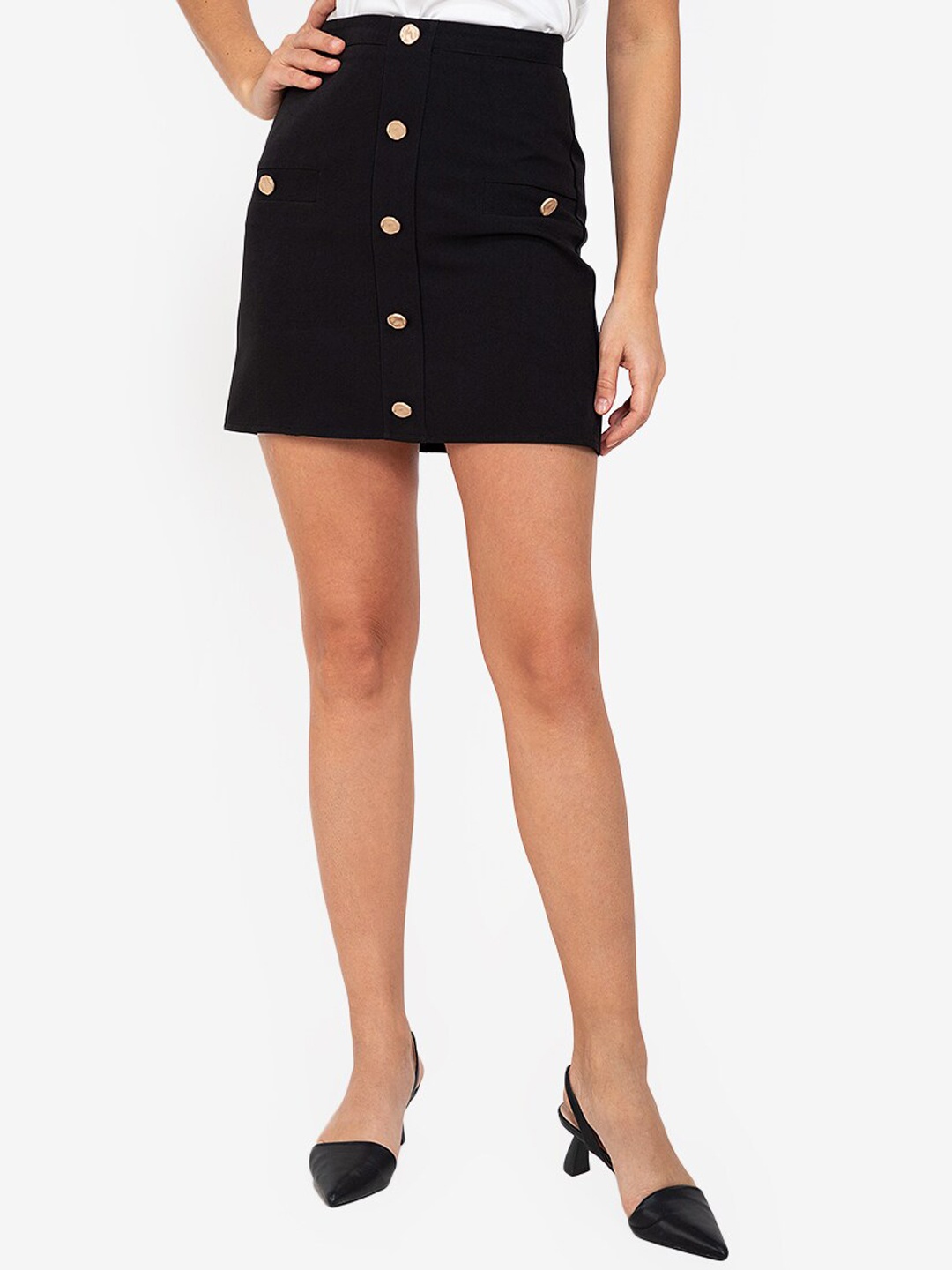 

ZALORA WORK Women Black Solid Skirt with Button Detail