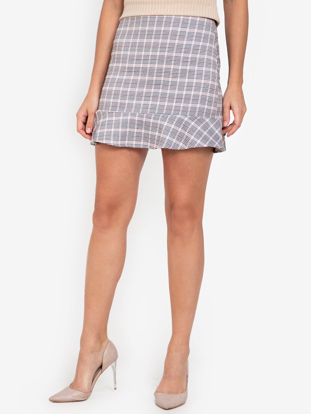 

ZALORA WORK Pink & Black Checked Frill Mini Pencil Skirt