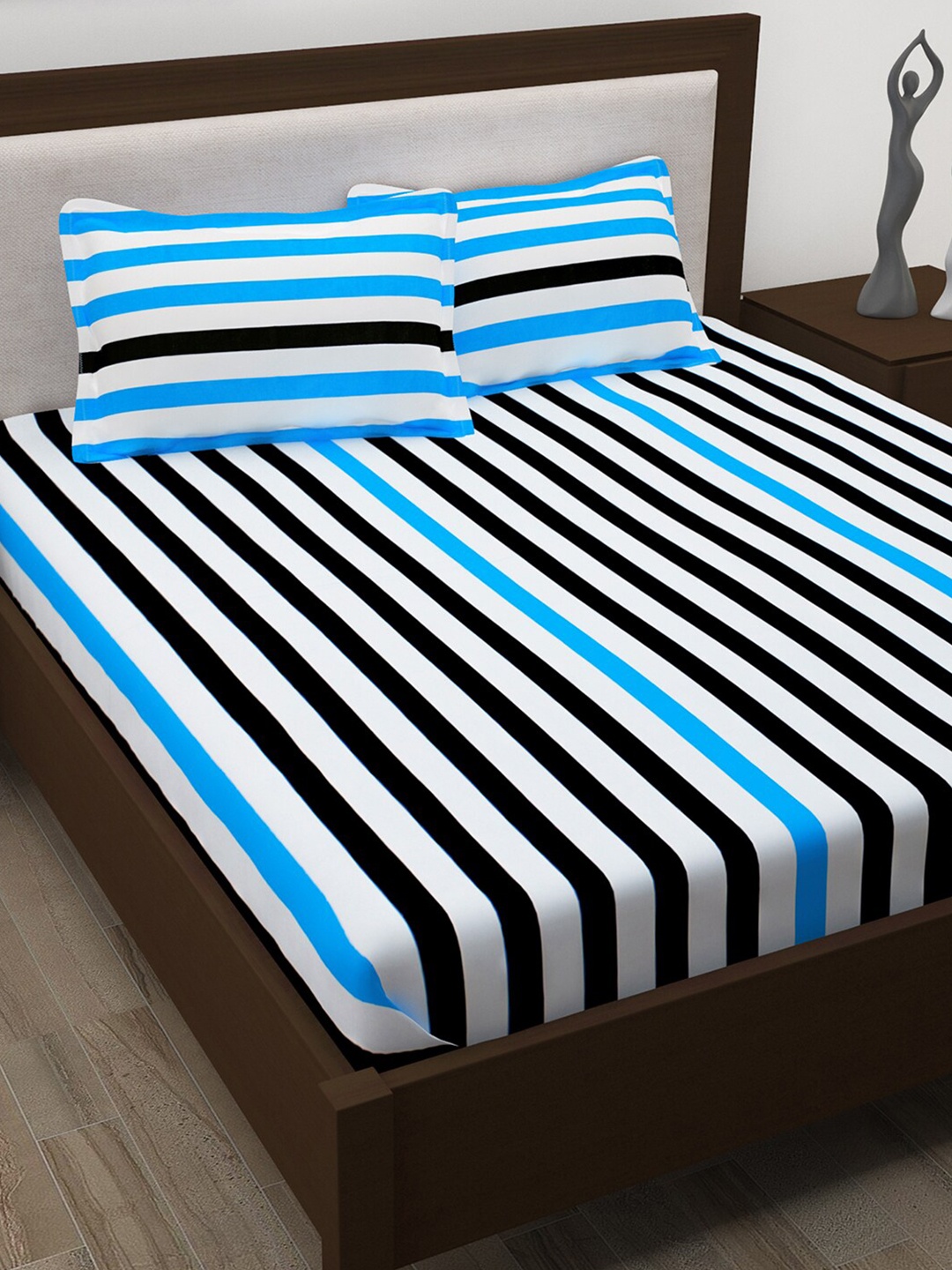 

Story@home Blue & White Striped 186 TC Queen Bedsheet with 2 Pillow Covers