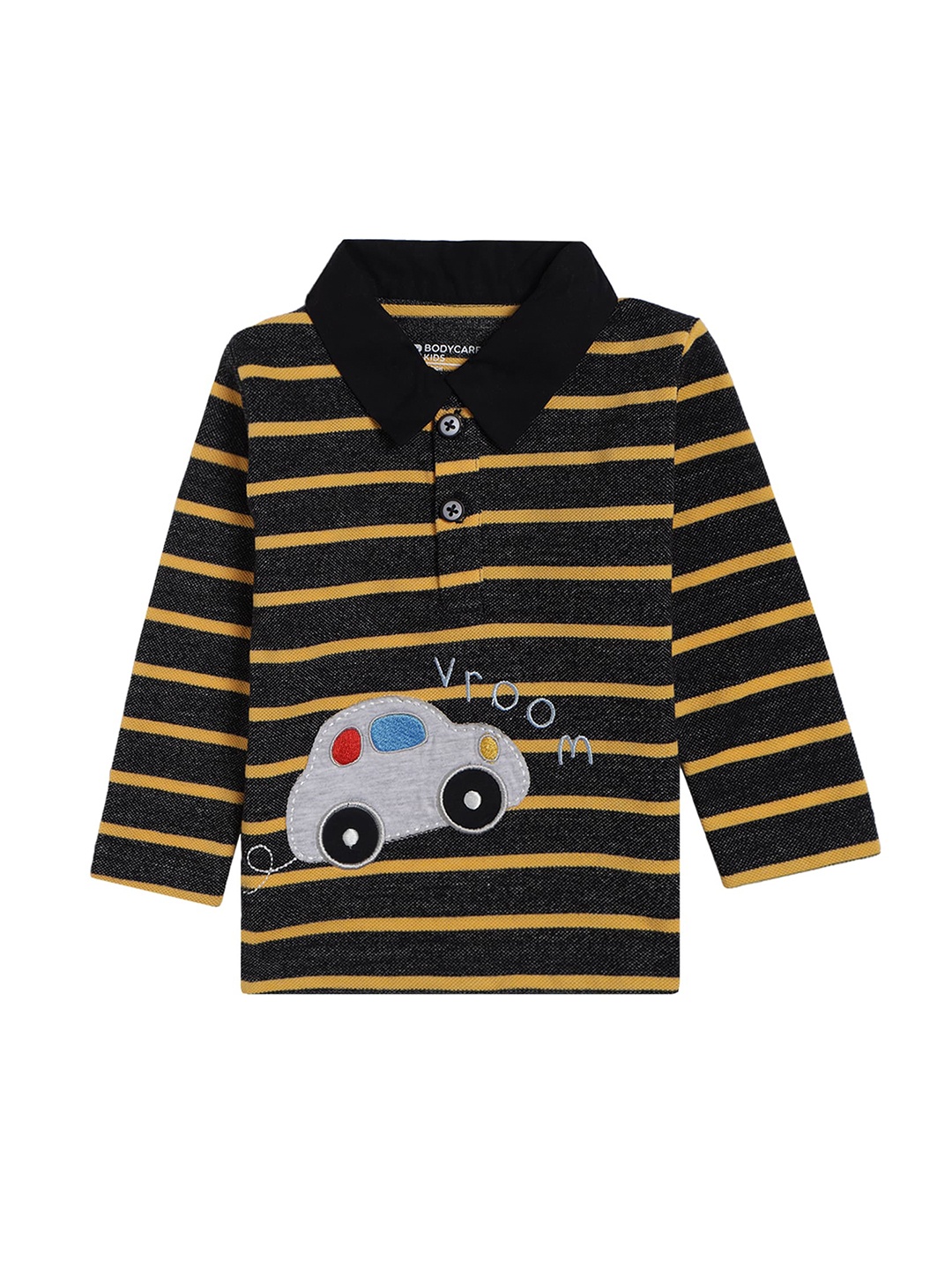 

Bodycare Kids Boys Black & Mustard Yellow Striped Polo Collar Applique Cotton T-shirt