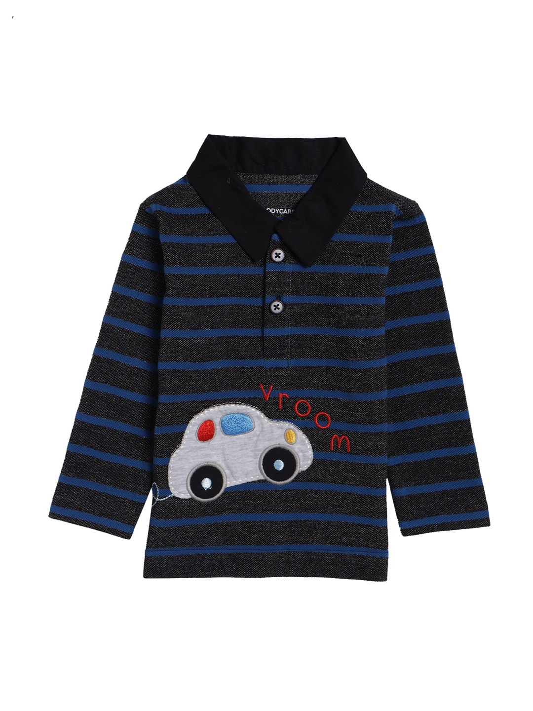 

Bodycare Kids Boys Blue & Black Striped Polo Collar Applique Cotton T-shirt