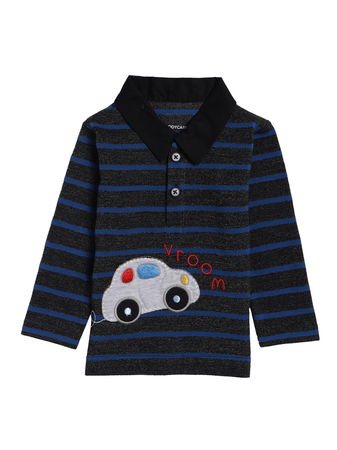 

Bodycare Kids Boys Charcoal & Blue Striped Polo Collar Applique Regular Fit Cotton T-shirt