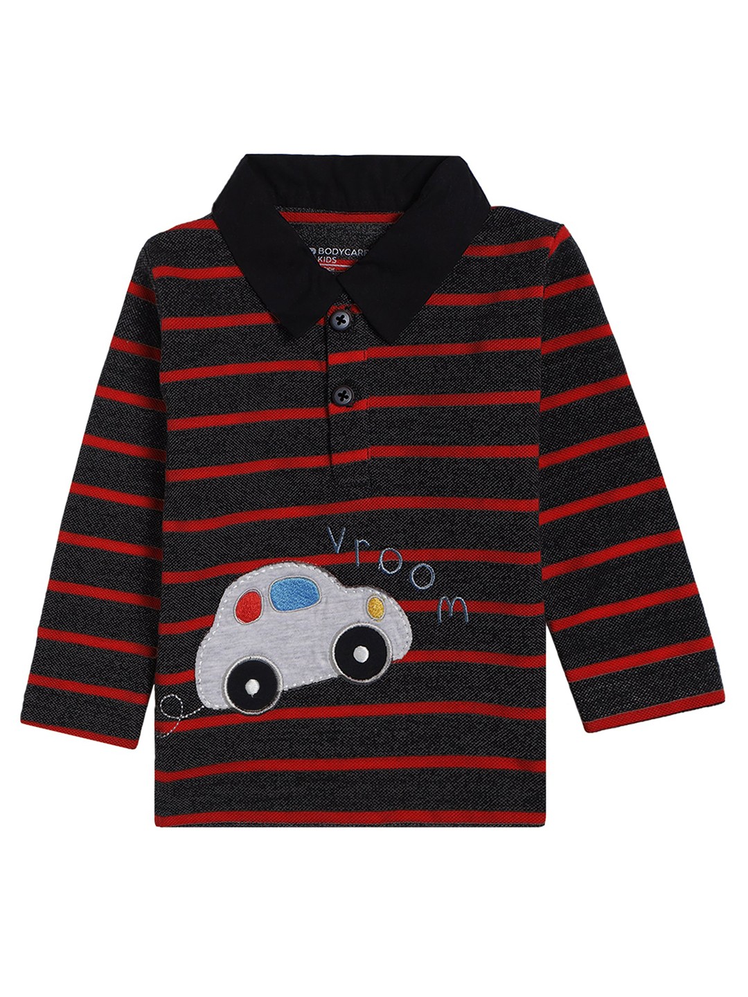 

Bodycare Kids Boys Red & Black Striped Applique Cotton Polo Collar T-shirt