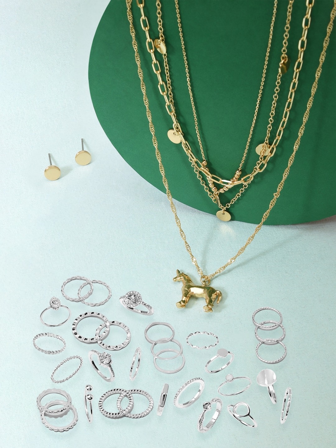 

AMI Silver-Toned & Gold-Plated Layered Necklace With Earrings & 30 Finger Set