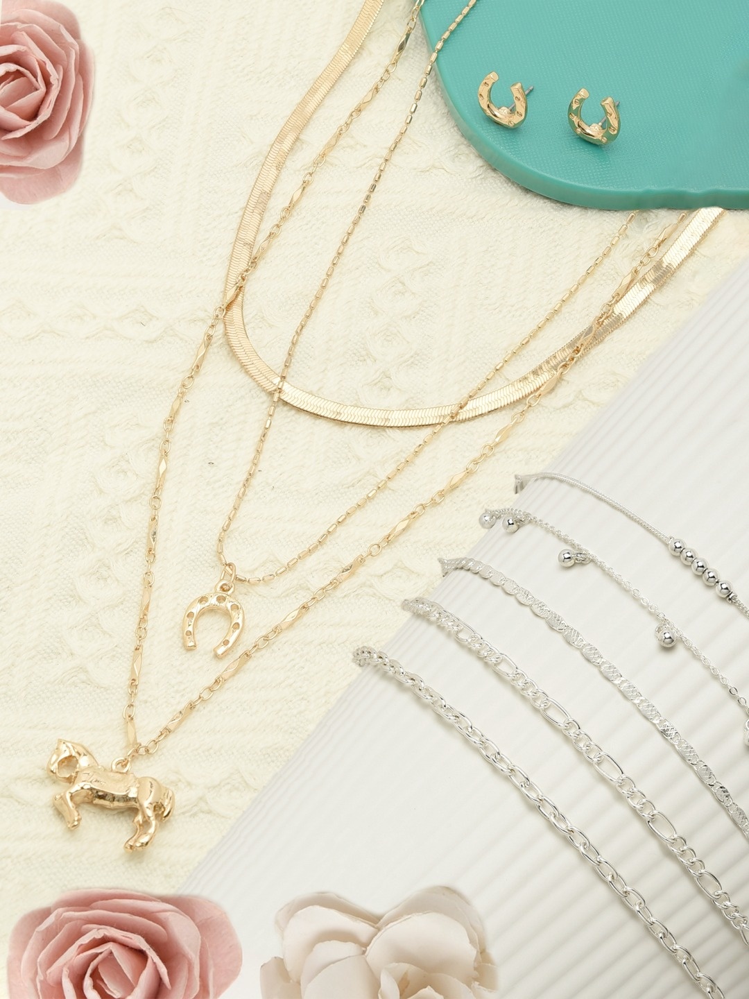 

AMI Gold-Toned & Silver-Toned Layered Chain with stud Earrings and Bracelet Set