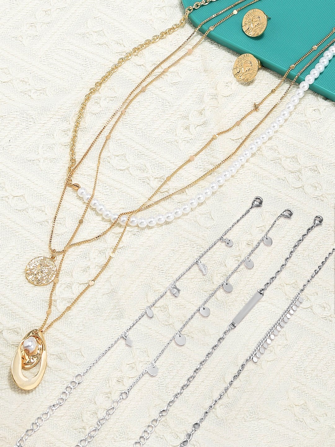 

AMI Silver-Toned & Gold-Plated Layered Necklace With Earrings & 4 Bracelets