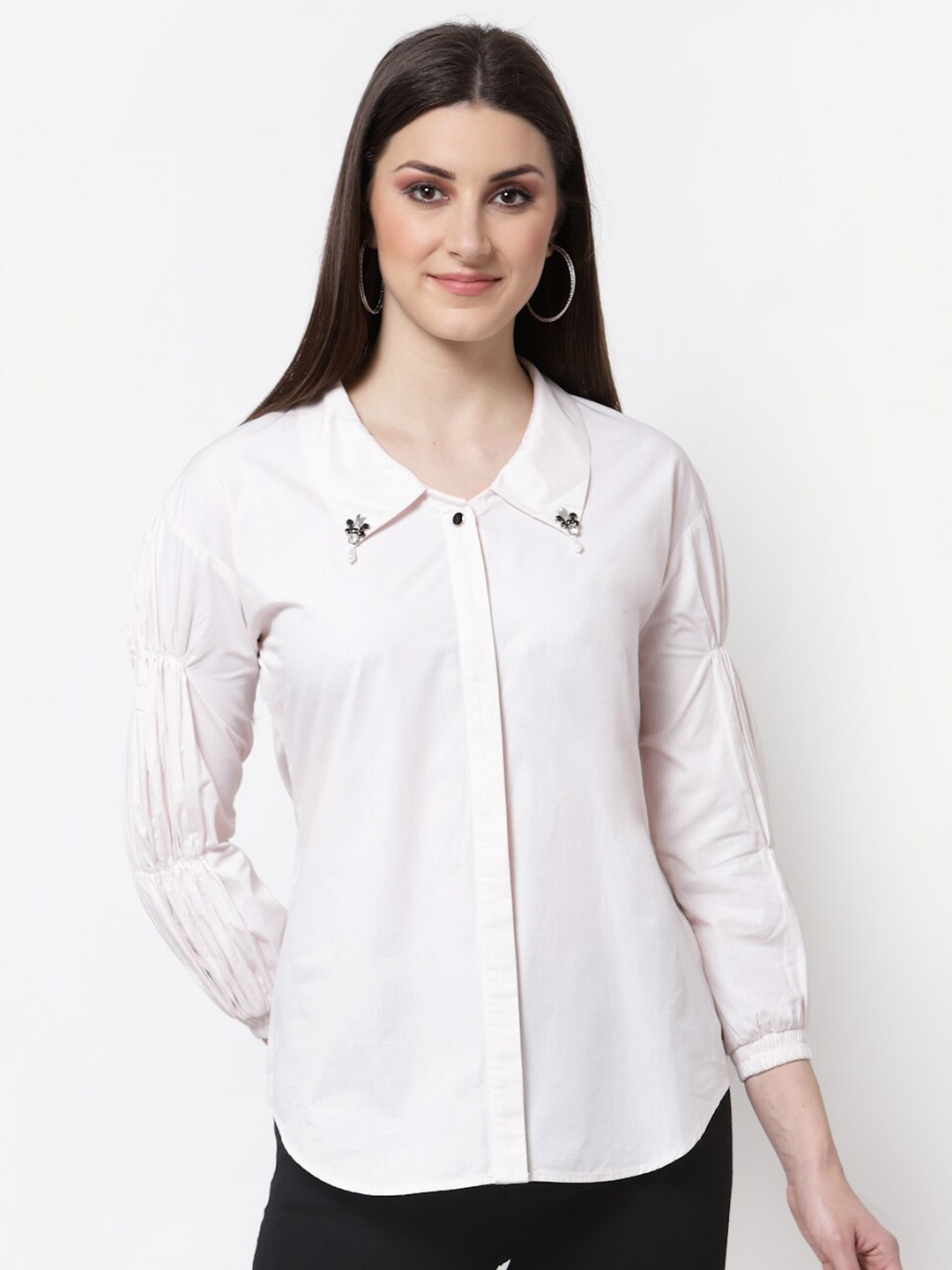 

BLANC9 Off White Embellished Pure Cotton Shirt Style Top