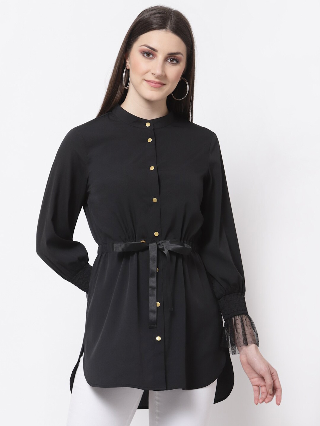 

BLANC9 Women Black Mandarin Collar Crepe Shirt Style Longline Top