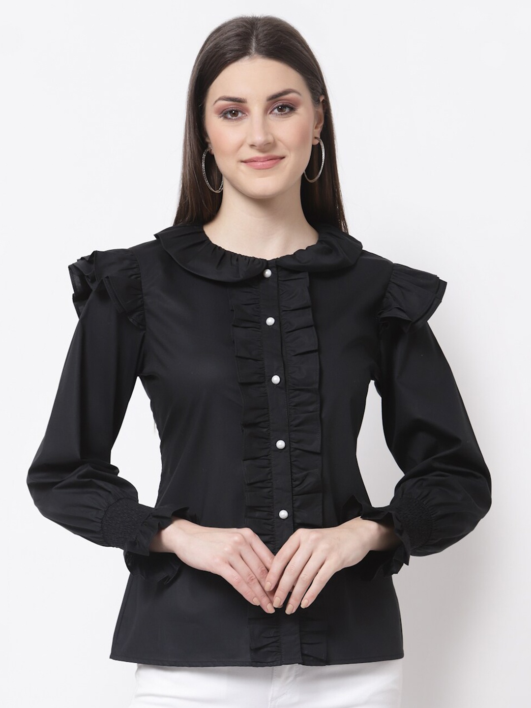 

BLANC9 Women Black Solid Peter Pan Collar Shirt Style Pure Cotton Top