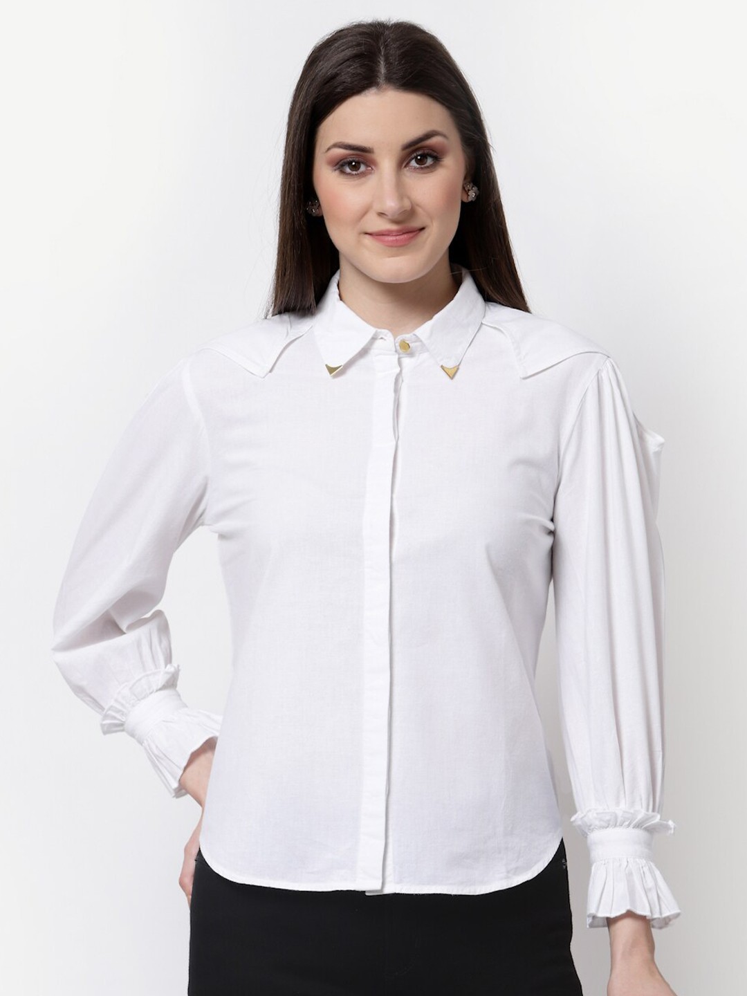 

BLANC9 White Solid Shirt Style Pure Cotton Top