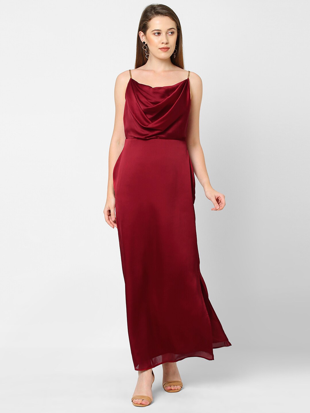 

MISH Women Maroon Solid Cowl Maxi Dress