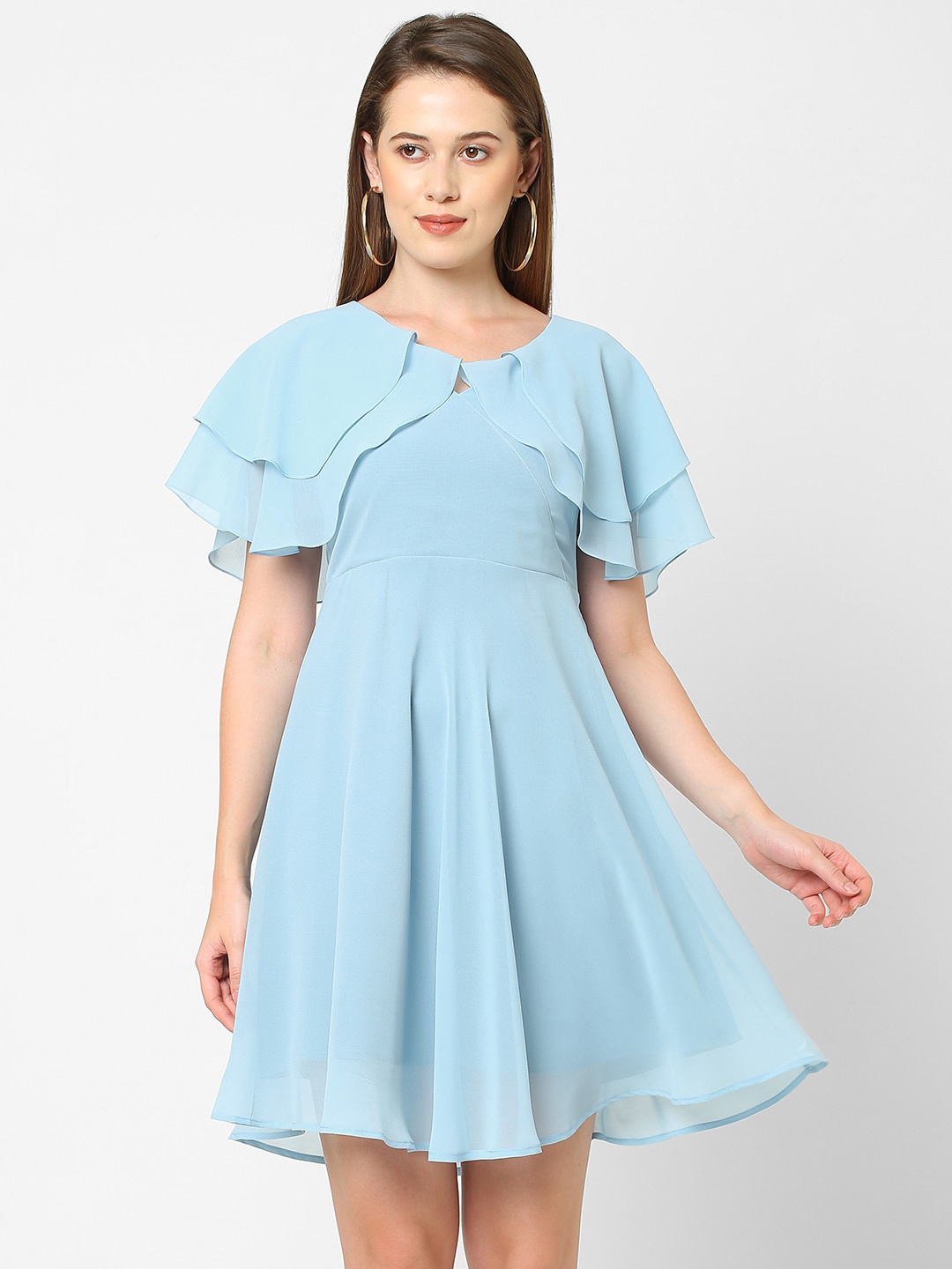 

MISH Women Blue Georgette Flutter sleeves Dress