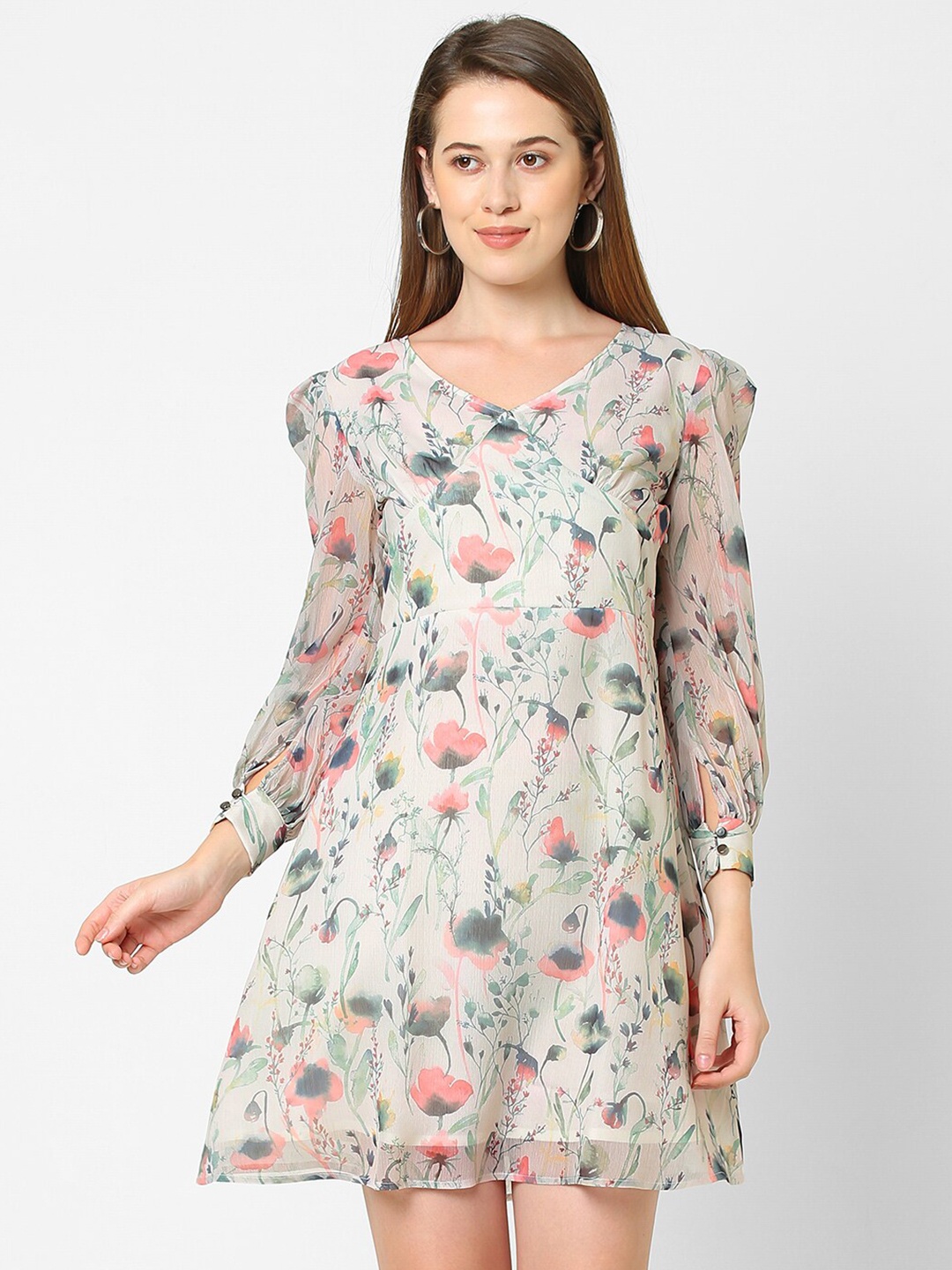 

MISH Off White Floral Chiffon A-Line Dress