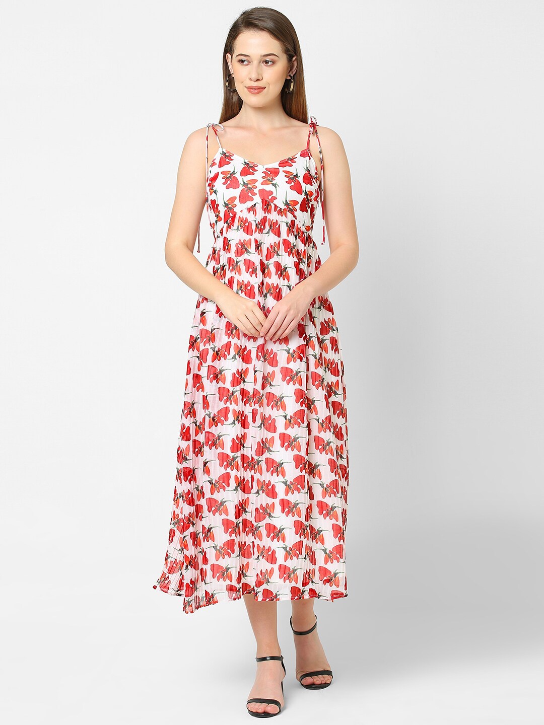 

MISH White & Red Floral Georgette Midi Dress