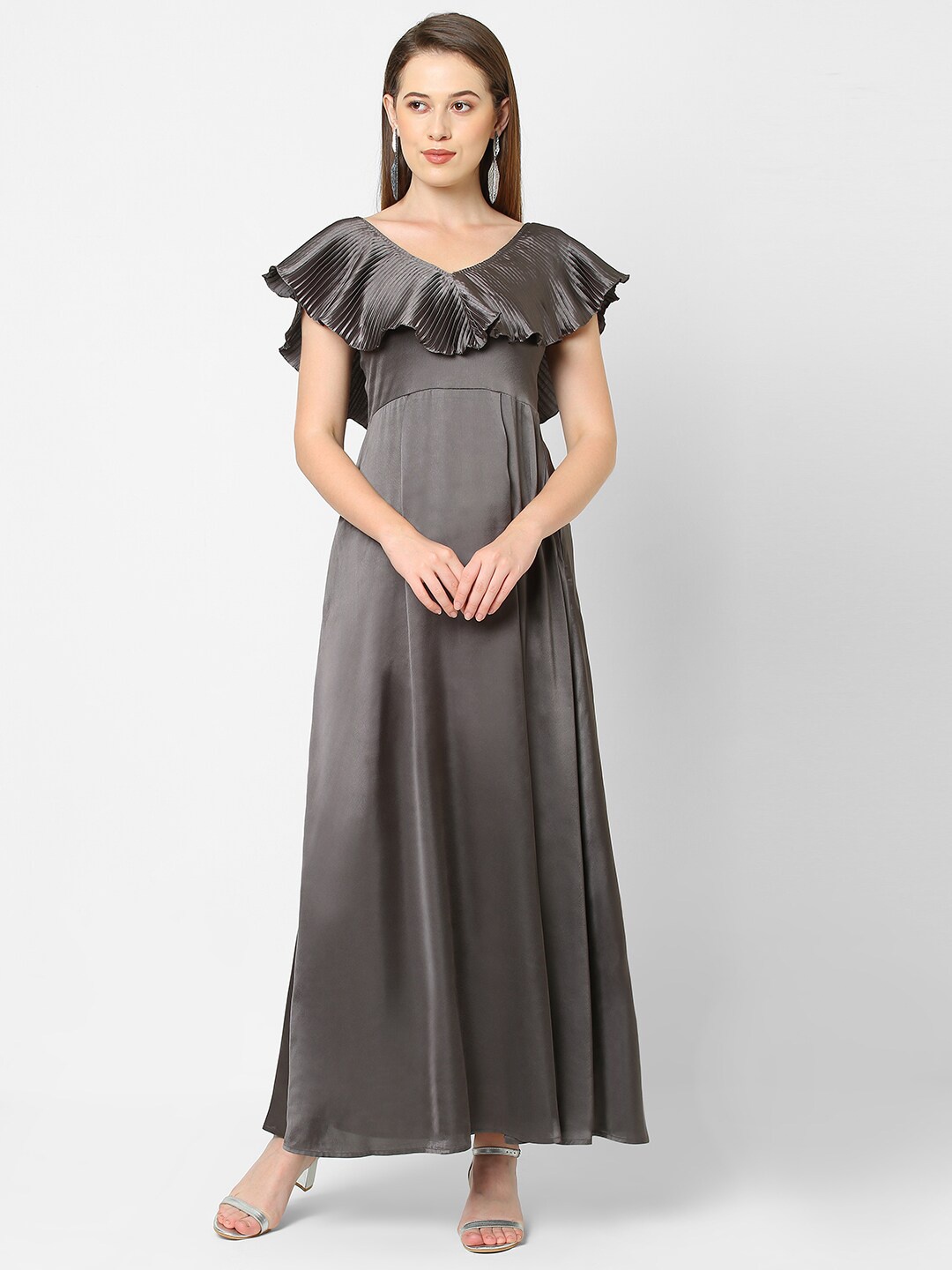 

MISH Charcoal Grey Accordion Pleated Cape Sleeves Satin Maxi Dress