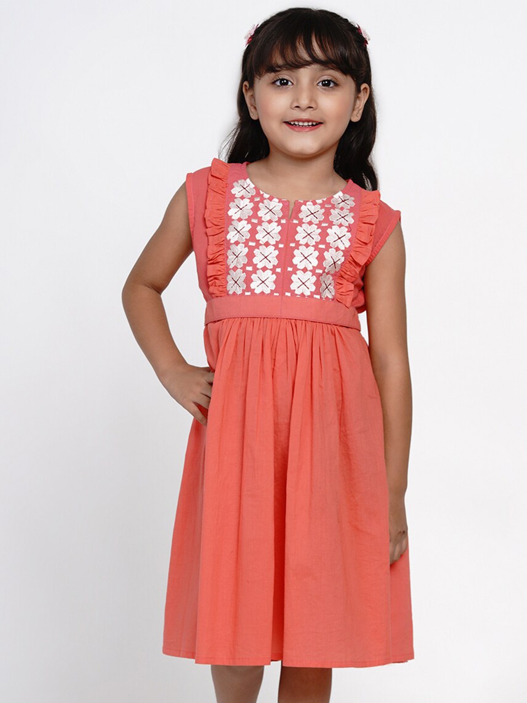 

Bitiya by Bhama Peach-Coloured & White Floral Embroidered Midi Dress