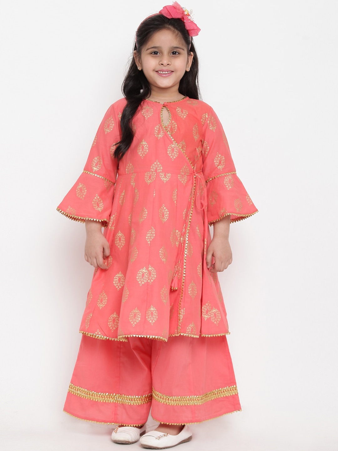 

Bitiya by Bhama Girls Peach-Coloured Ethnic Motifs Printed Angrakha Pure Cotton Kurta with Palazzos