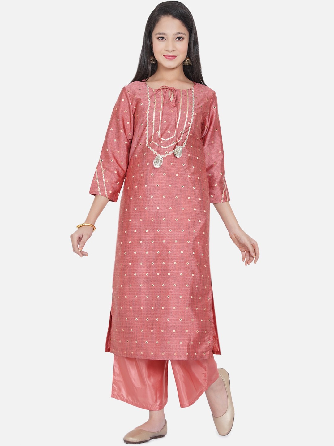 

Bitiya by Bhama Girls Peach-Coloured Printed Kurta with Palazzos