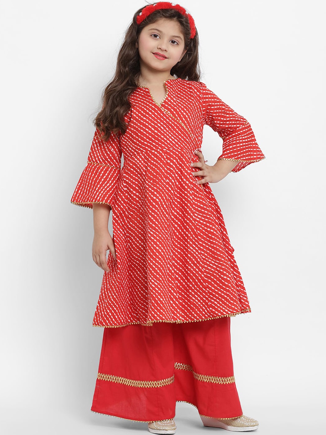 

Bitiya by Bhama Girls Red Bandhani Pure Cotton A-line Kurta with Palazzos