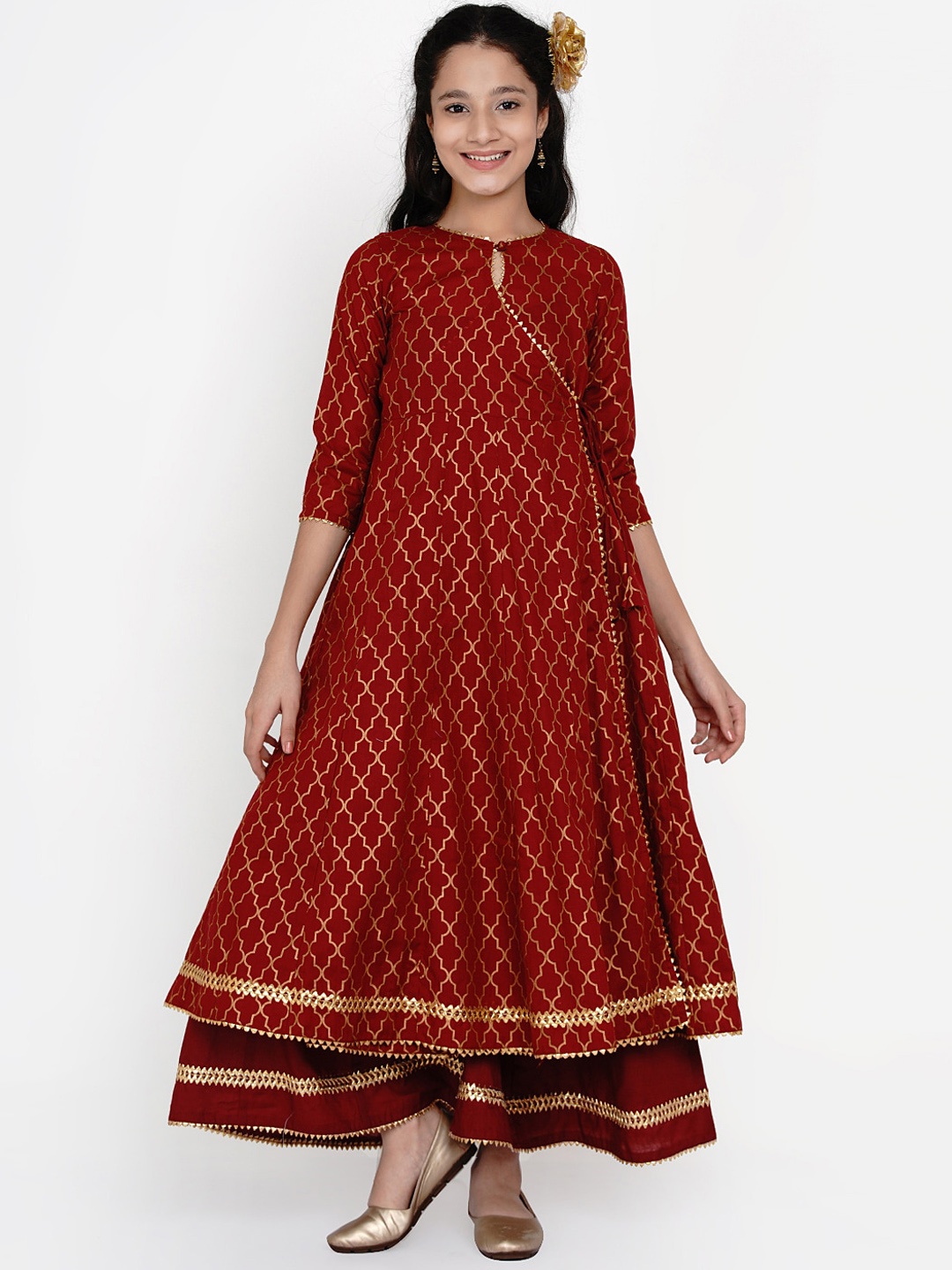

Bitiya by Bhama Girls Maroon Printed Anarkali Kurta with Palazzos