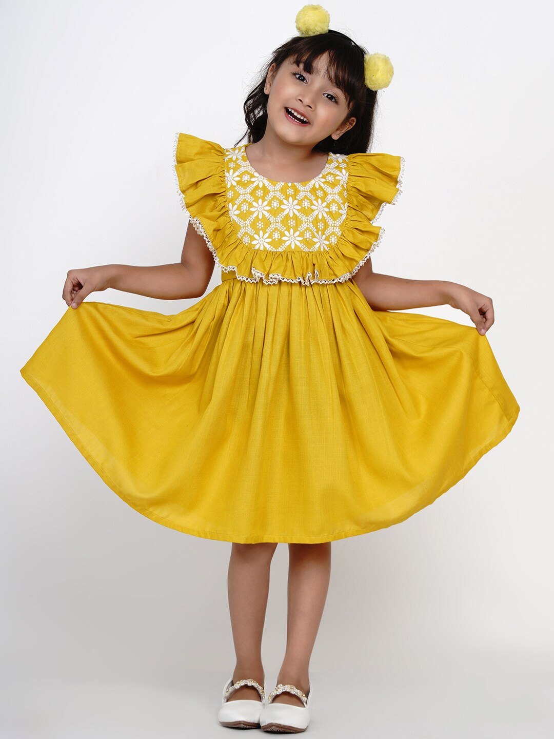 

Bitiya by Bhama Girls Yellow Embroidered A-Line Dress