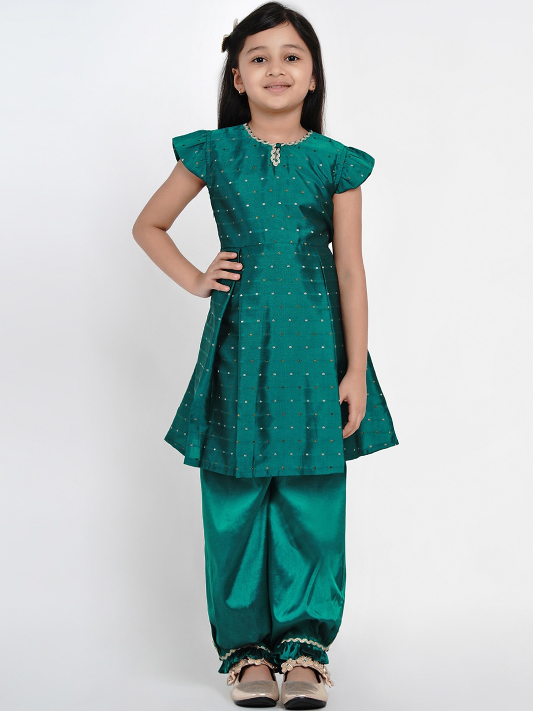 

Bitiya by Bhama Girls Green Angrakha Kurta with Salwar