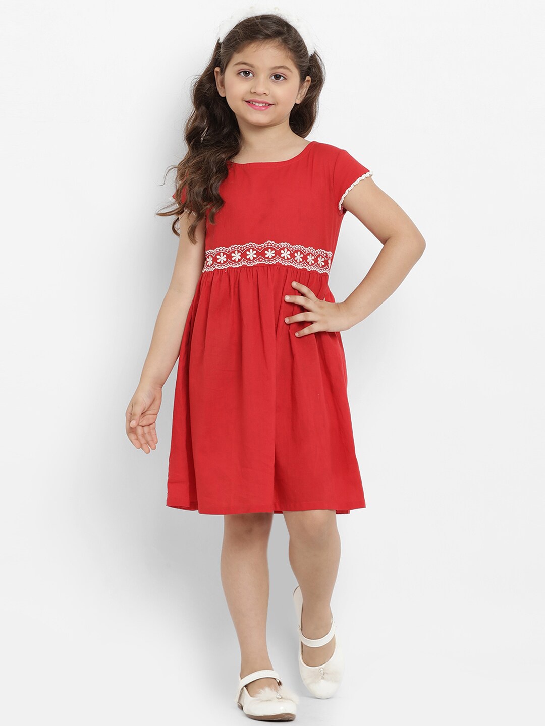 

Bitiya by Bhama Girls Red & White Embroidered Cotton A-Line Dress