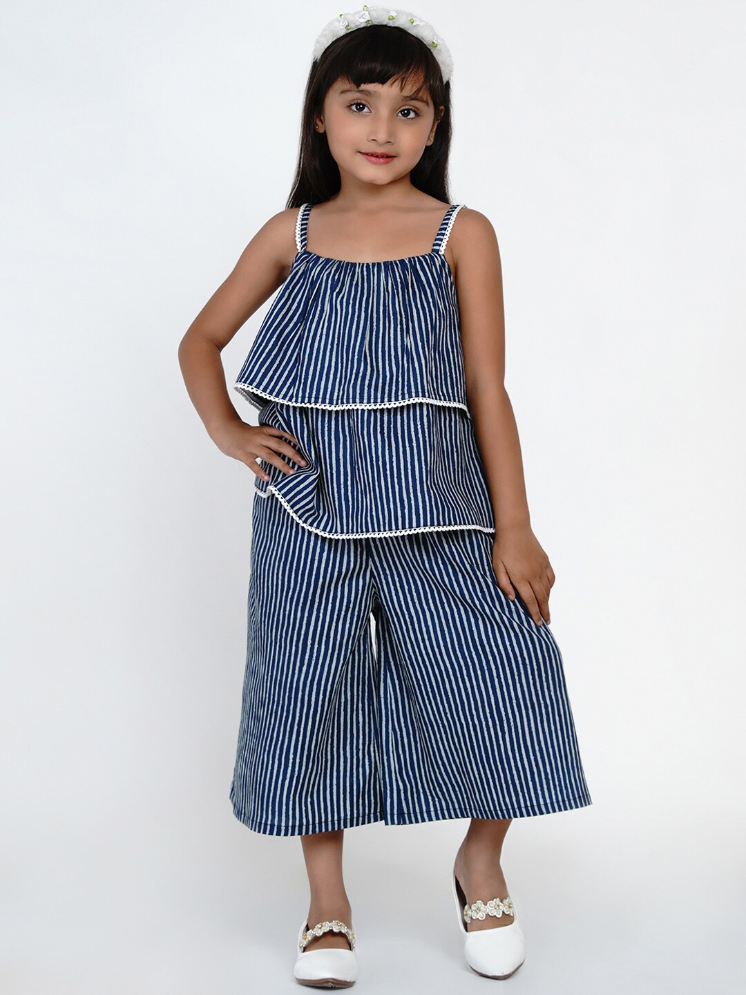 

Bitiya by Bhama Girls Blue & White Striped Layered Top with Capris