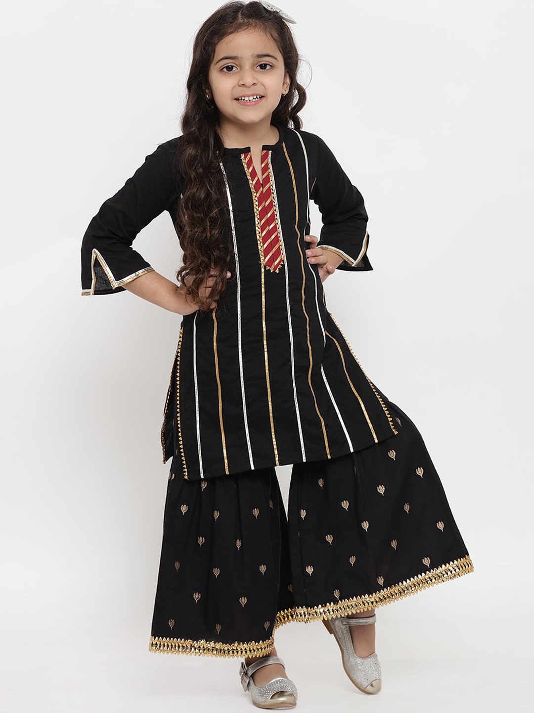 

Bitiya by Bhama Girls Black Striped Gotta Patti Pure Cotton Kurta with Sharara