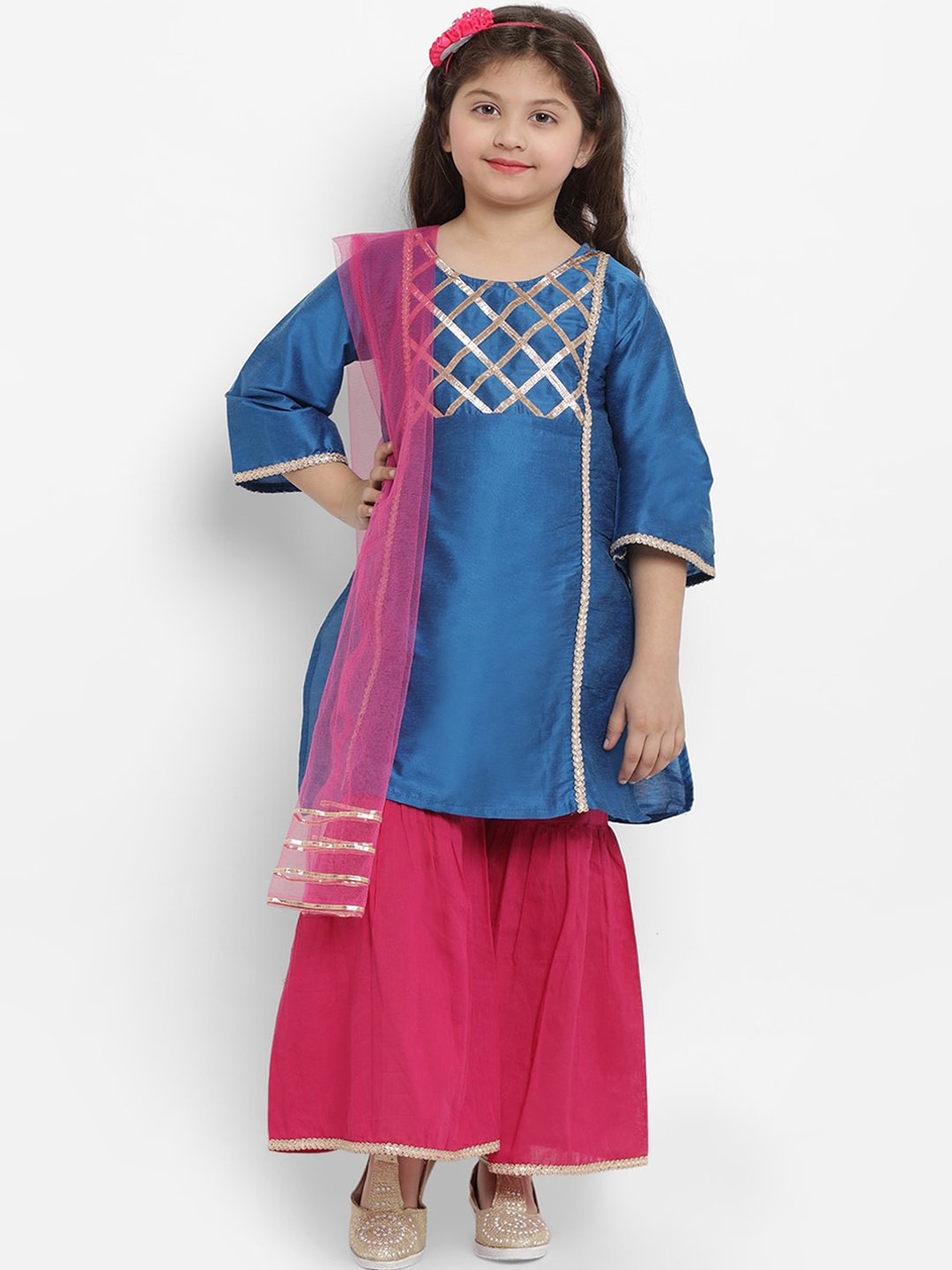 

Bitiya by Bhama Girls Blue Angrakha Gotta Patti Dupion Silk Kurta with Palazzos & With Dupatta