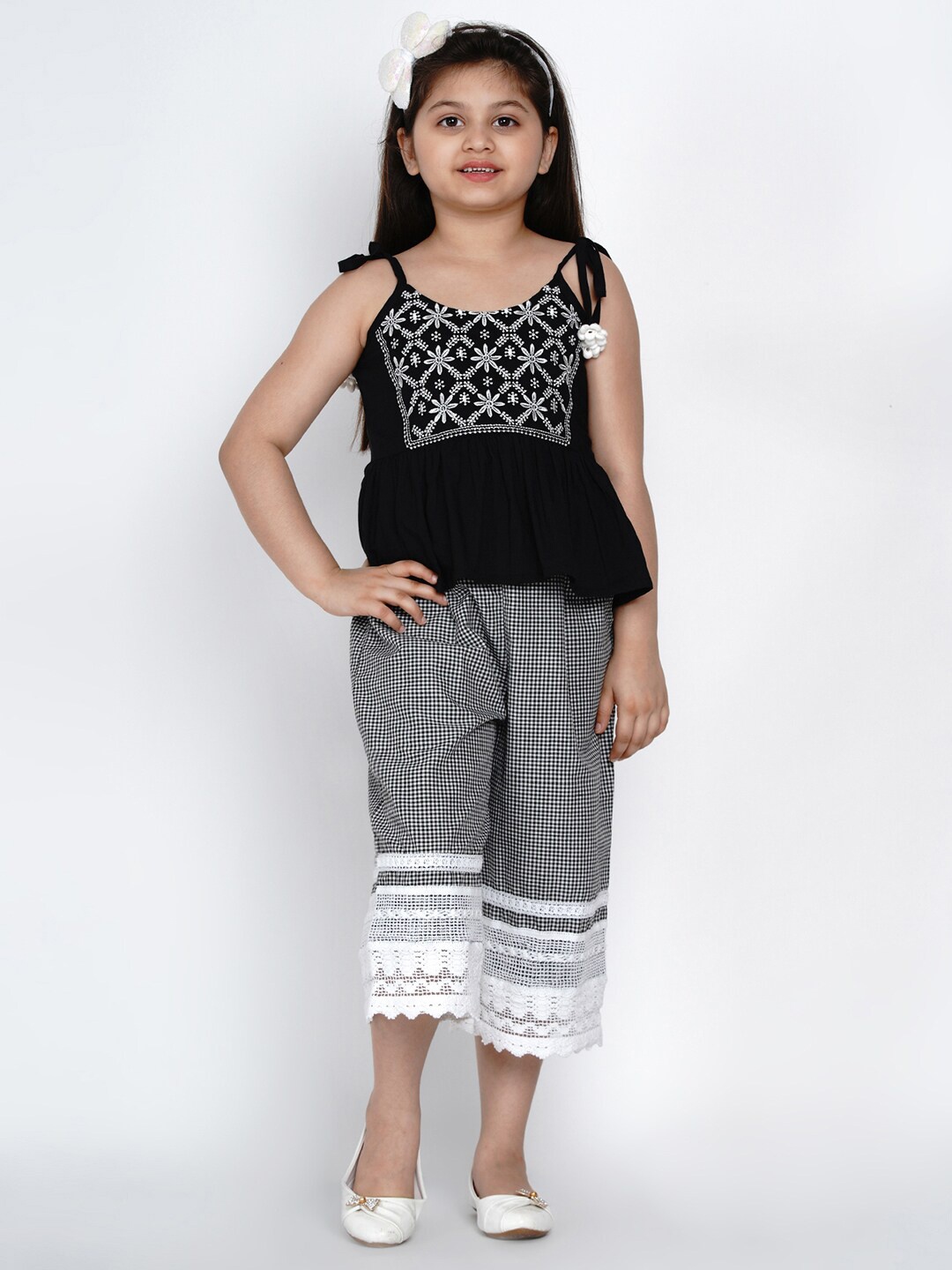 

Bitiya by Bhama Girls White & Black Embellished Top with Trousers