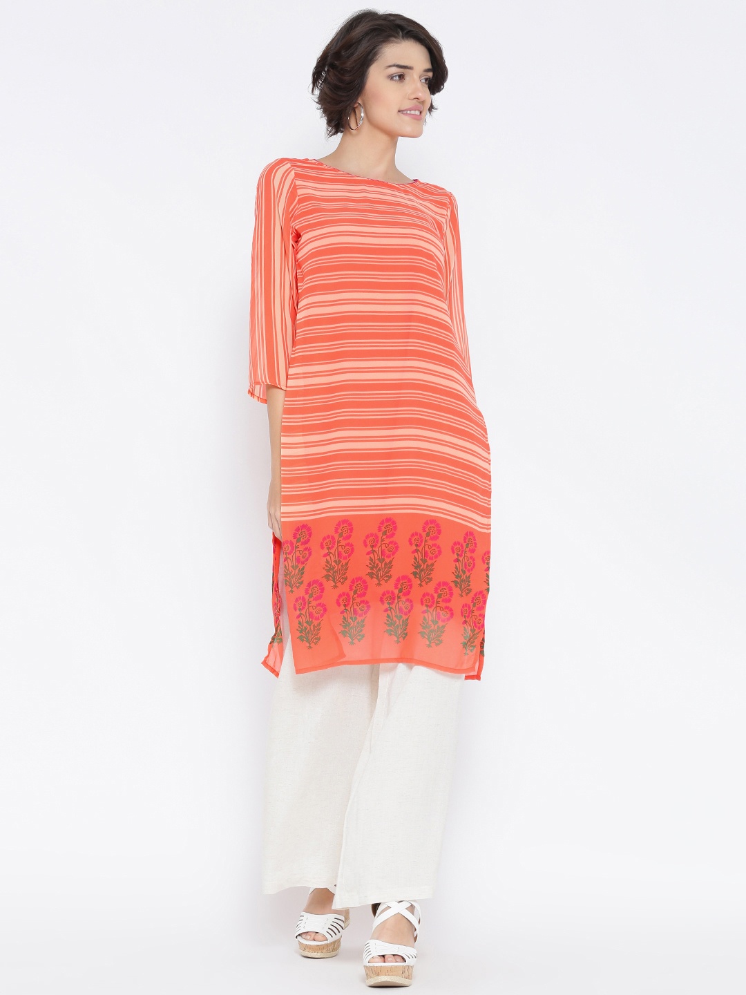 

Fusion Beats Women Orange Printed Straight Kurta