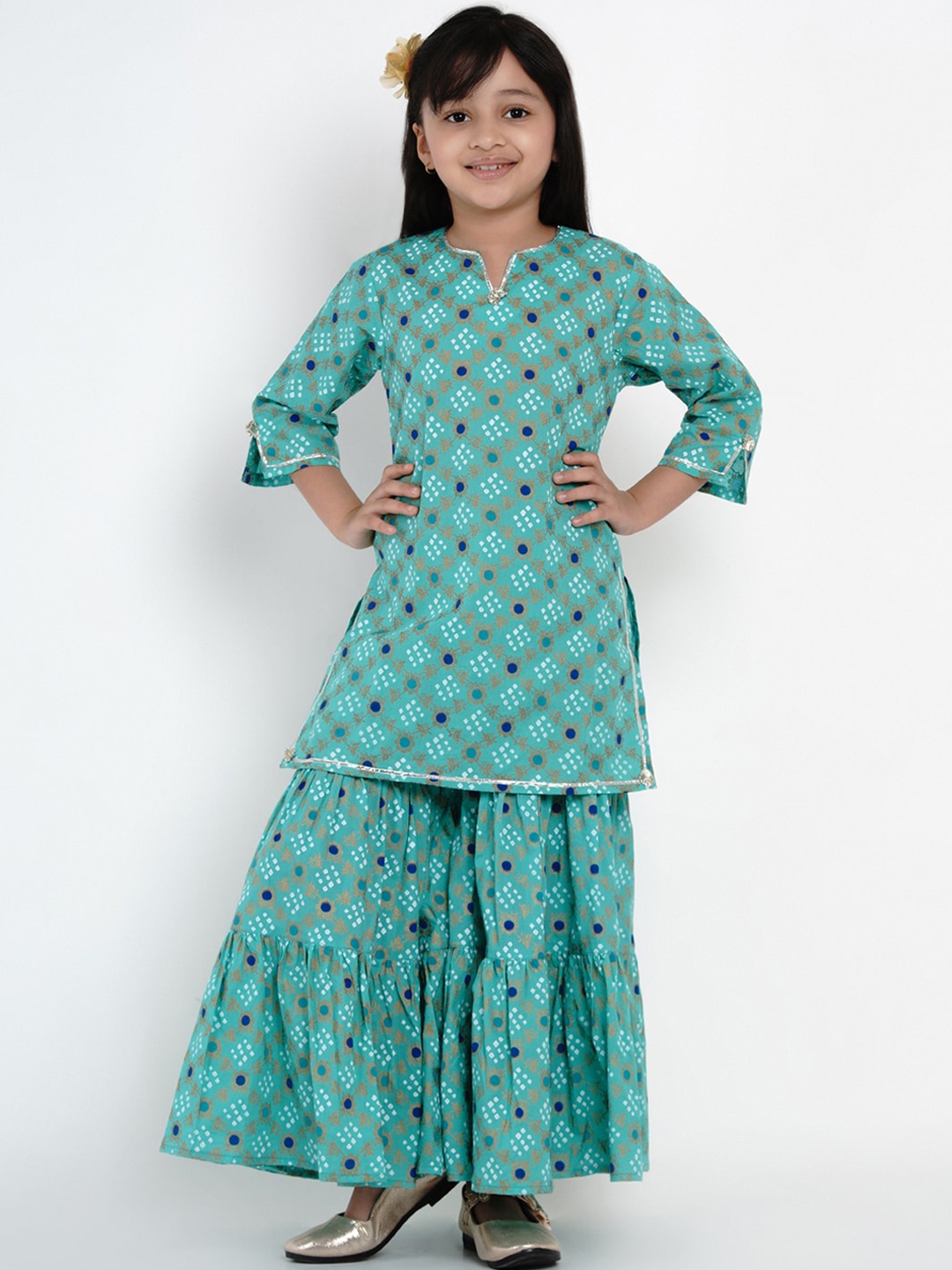 

Bitiya by Bhama Girls Sea Green Floral Printed Kurta with Sharara