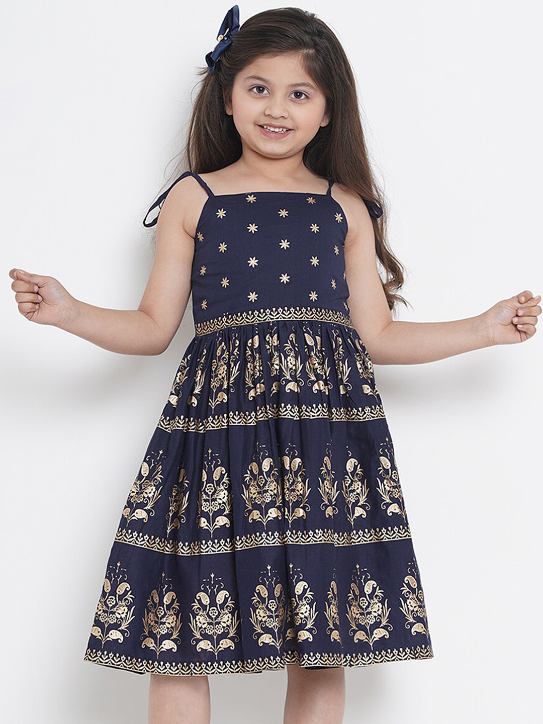 

Bitiya by Bhama Navy Blue Girls Ethnic Motifs Fit & Flare Cotton Midi Dress