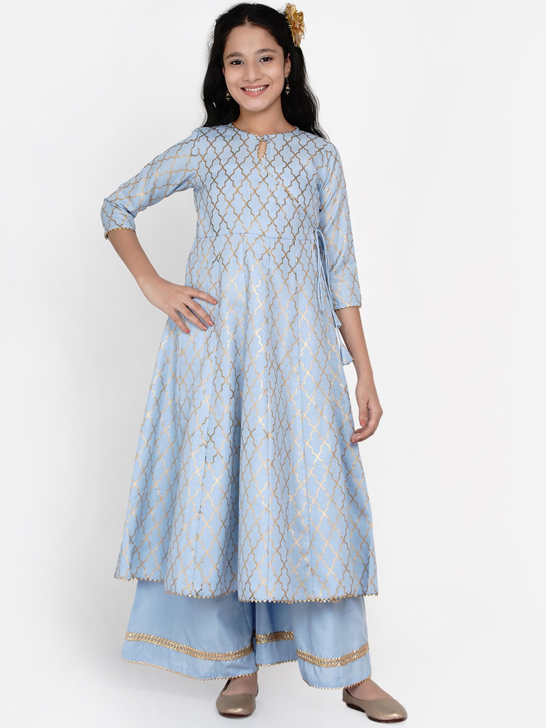 

Bitiya by Bhama Girls Blue Ethnic Motifs Printed Pleated Kurta With Palazzos