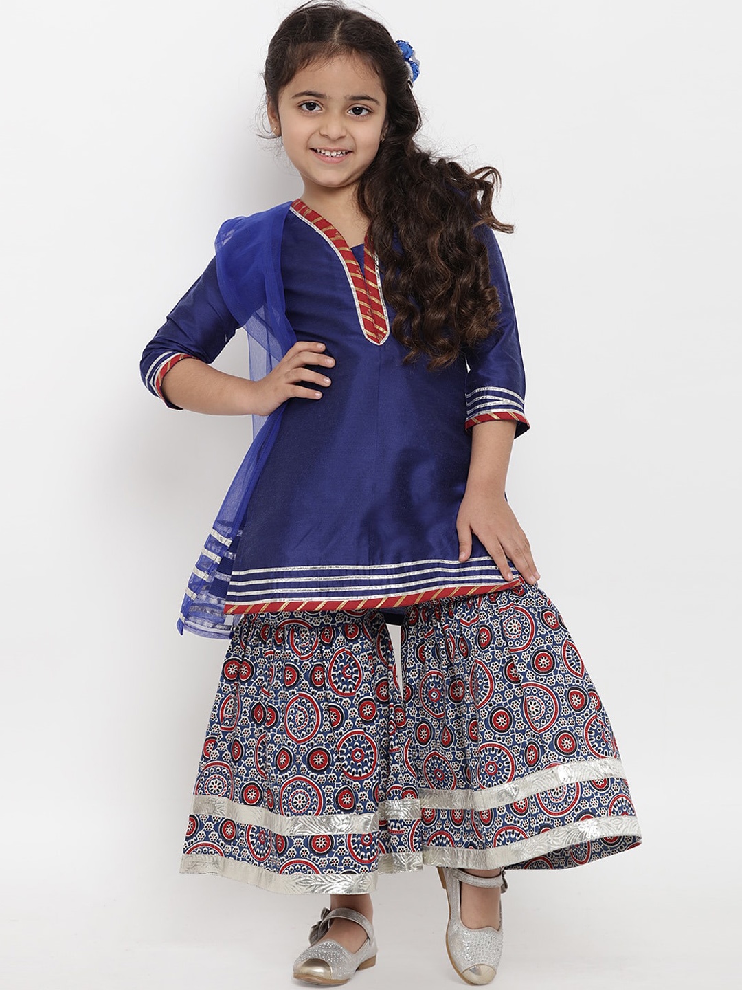 

Bitiya by Bhama Girls Blue Ethnic Motifs Yoke Design Angrakha Gotta Patti Pure Cotton Kurti with Palazzos &