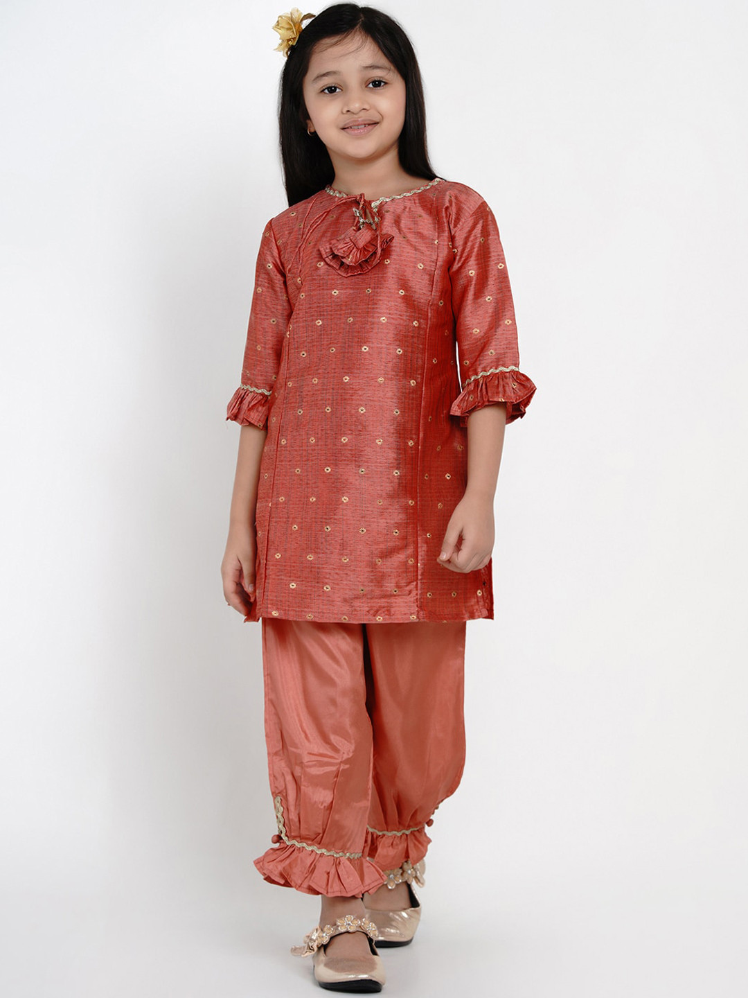 

Bitiya by Bhama Girls Rust Ethnic Motifs Embroidered Kurta with Trousers