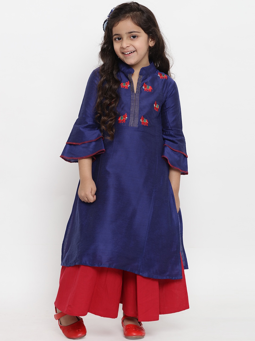 

Bitiya by Bhama Girls Blue Floral Embroidered Panelled Pure Cotton Kurta with Sharara