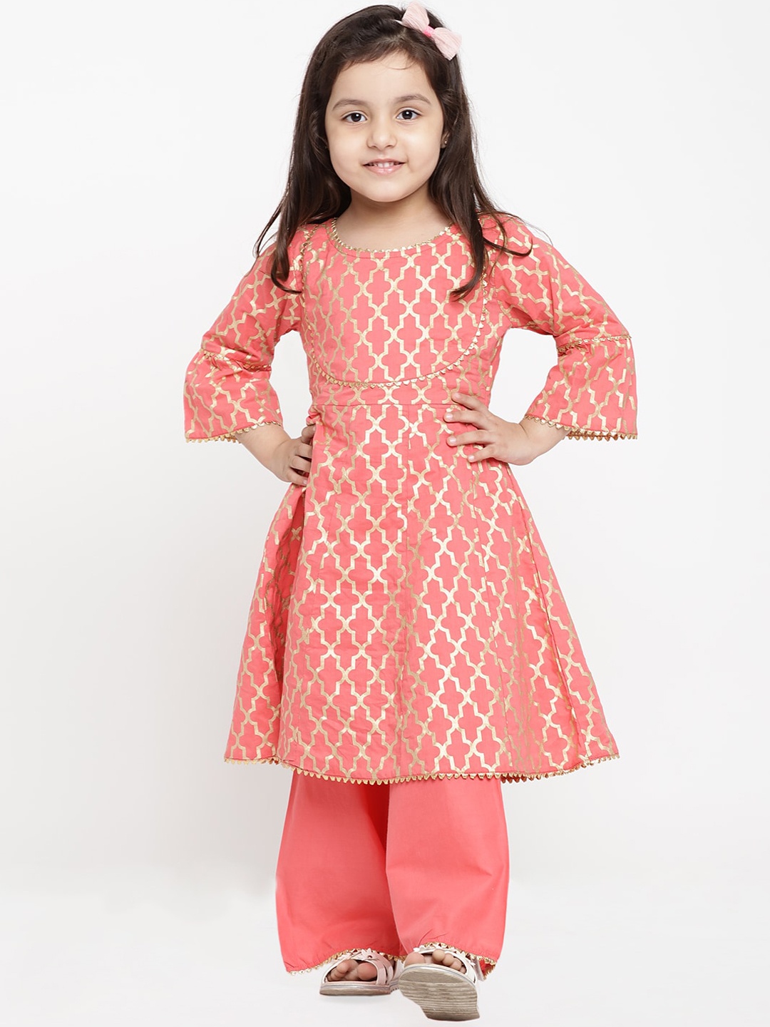 

Bitiya by Bhama Girls Peach-Coloured Printed Pure Cotton A-line Kurta with Palazzos