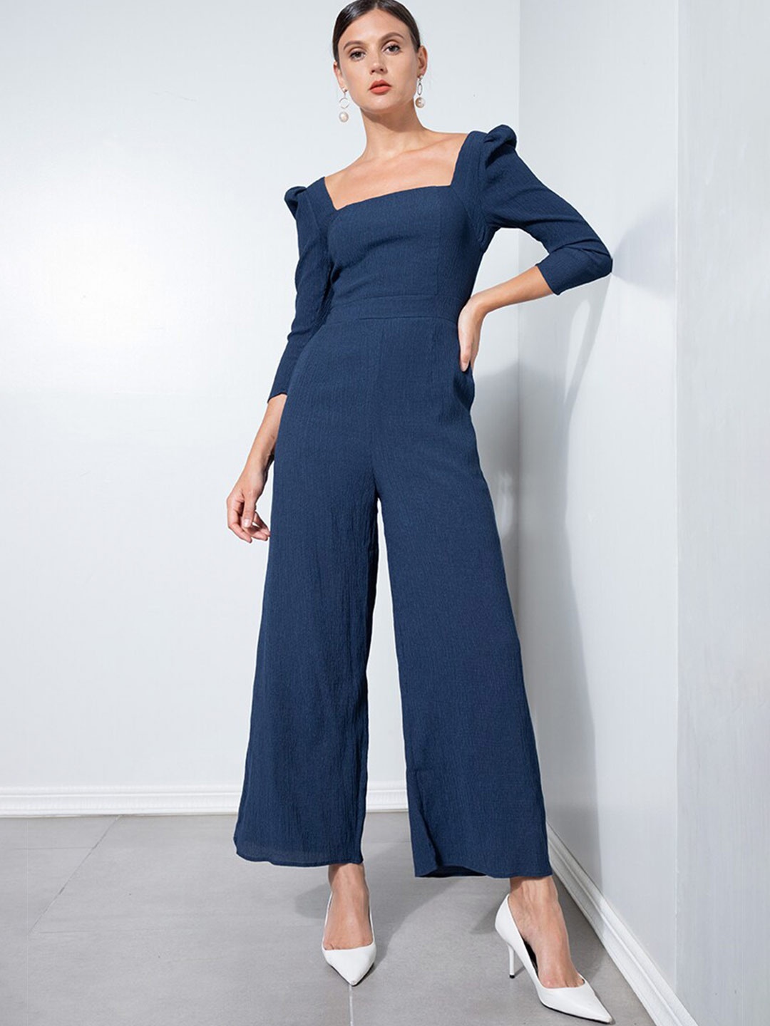 

ZALORA OCCASION Blue Textured Square Neck Jumpsuit