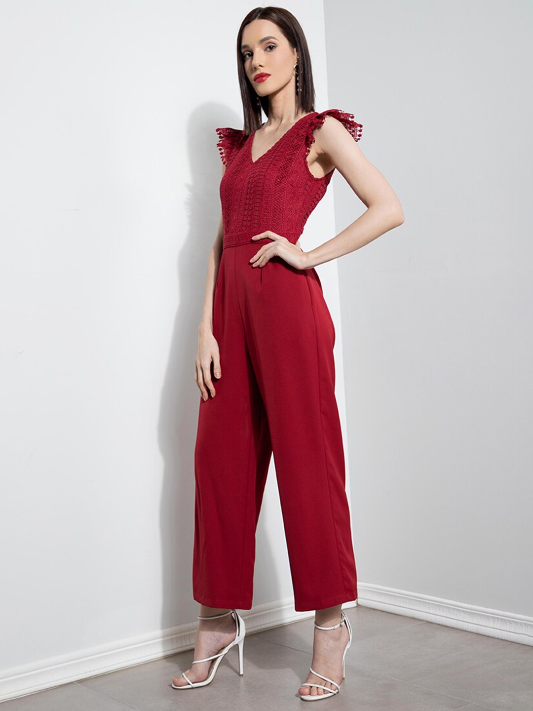 

ZALORA OCCASION Red Culotte Jumpsuit with Lace Inserts