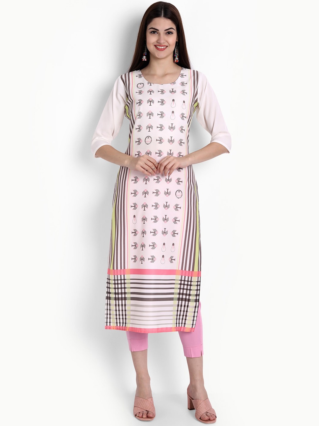

Ethnic basket Women White Abstract Printed Straight Kurta